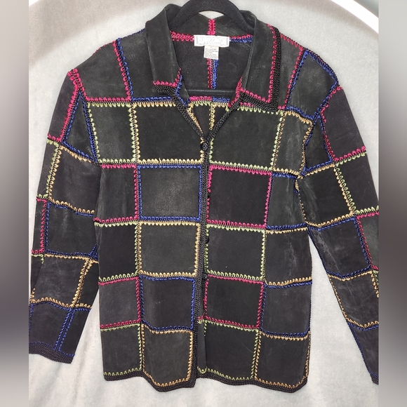 SMH Boutique Jackets & Blazers - Vintage SMH Boutique Genuine Suede Jacket Size M Black Patchwork Trim Button Up
